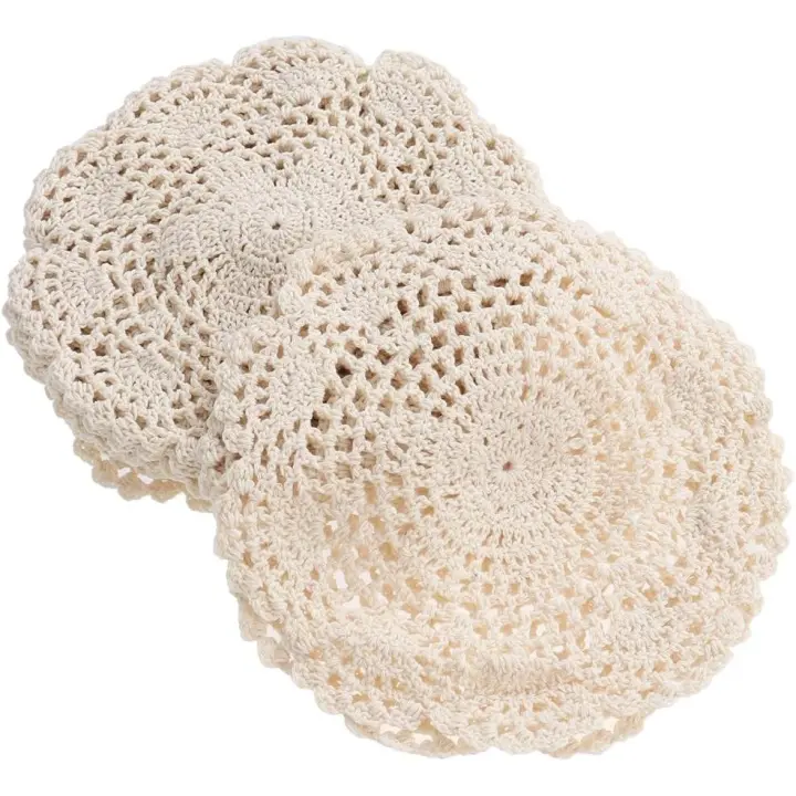 Juego de 12 crochet Doilies patrón floral-Hecho de algodón, Para Beige antideslizante--café, bebidas, taza - 1