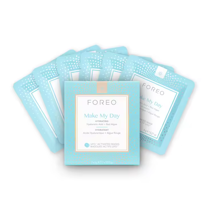 FOREO Make My Day Mascarilla facial activa UFO para piel deshidratada, pack de 7, con ácido hialurónico y alga roja, fórmula natural no testada en animales, compatible con todos los dispositivos UFO - 1