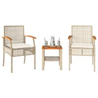 vidaXL Mesita y sillas con cojines 3 pzas ratán PE madera acacia en color Beige/Gris/Negro | cómodas modernas ergonómicas para comedor cocina salón hogar - details 0