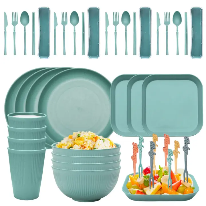 ZVD Juego de platos de piezas ecológicos, vajilla de paja de trigo, cuenco Ramen, platos de cena, juego de vajilla de Camping con cuchillo, tenedor y cuchara, 48 Uds. - 1