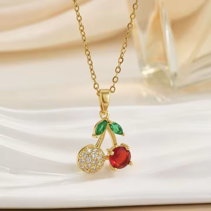 Collar De Moda Con Colgante De Cereza Para Mujer Accesorio De Joyería Con Zirconia De Alta Gama Cadena De Hombro De Acero Inoxidable Regalo Ideal - 1