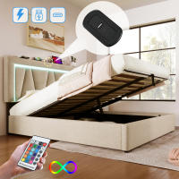 Cama tapizada Cama Doble LED con función de carga USB Type-C e iluminación LED, Cama con Almacén Somier de Lino Cama Juvenil 140x200 con somier (sin colchón). - details 2