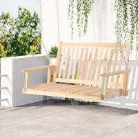 Outsunny Banco Columpio de Madera de 2 Plazas Banco Balancín Colgante con Reposabrazos Cadenas Ajustables y Diseño Listones Carga 200 kg para Jardín Terraza Balcón 117x69x60 cm Natural - details 1