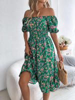 Vestido Elegante De Primavera Y Verano Para Mujer Con Estampado Floral Cuello Cuadrado Manga Corta Volante Al Borde Vestido A-Line De Rodilla Casual - details 17