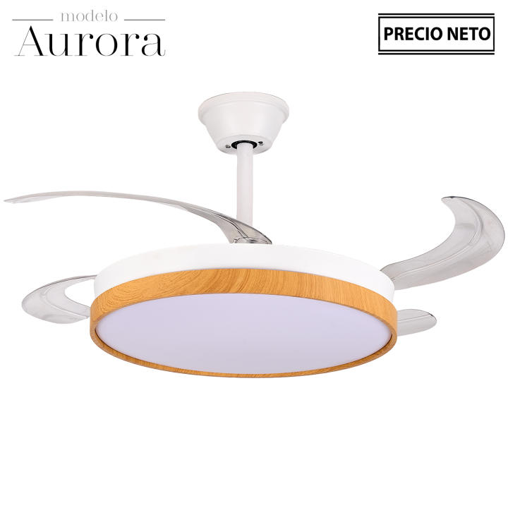 Ventilador techo con luz aurora blanco, madera 4 aspas retráctiles, material metal, acrílico, medidas 106x36-53 cm… — oferta en Miravia
