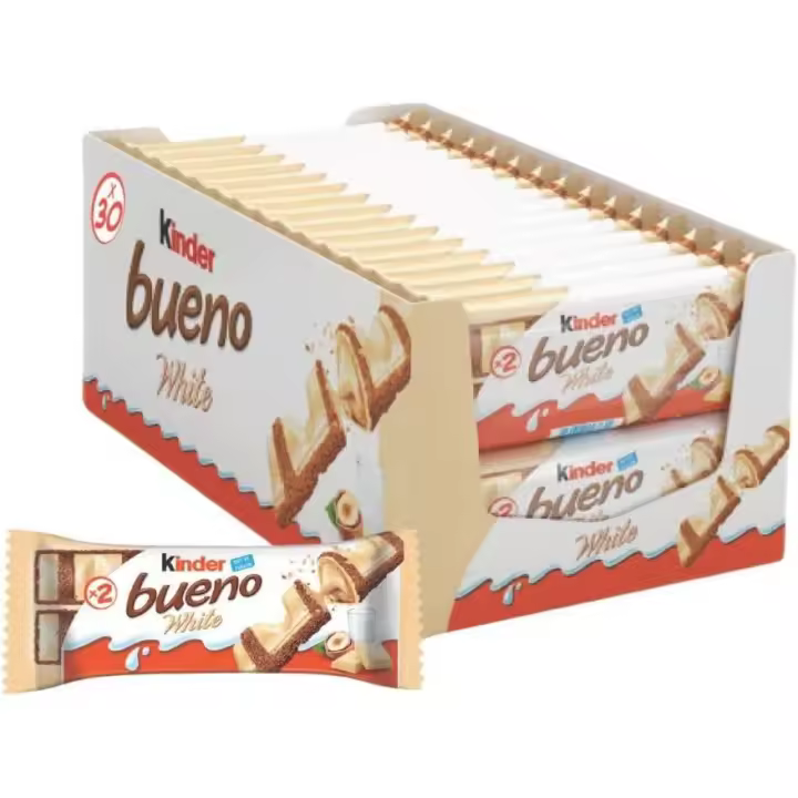 Kinder Bueno White Chocolate Blanco con Relleno Cremoso de Leche y Avellanas – Caja Ahorro de 30 Barritas Individuales de 39 g, Snack Dulce para Compartir - 1