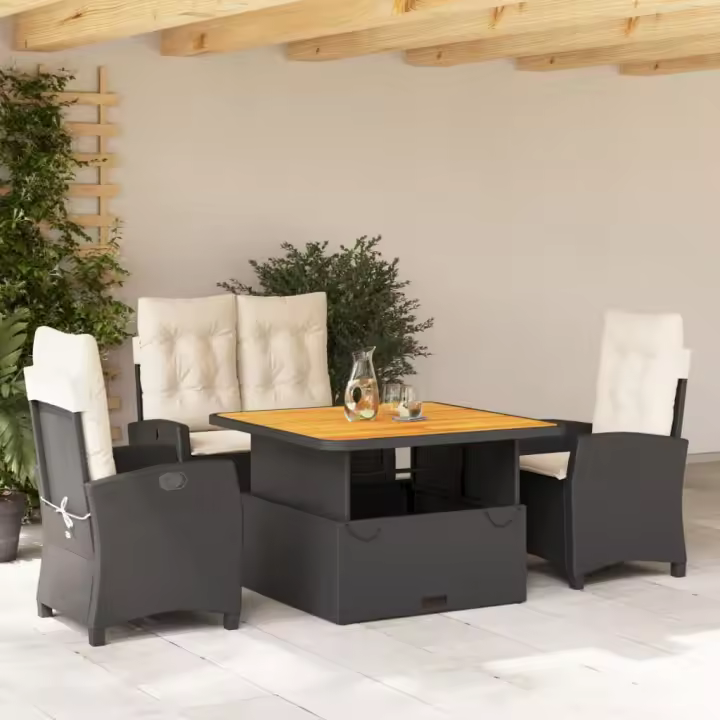 vidaXL Juego comedor jardín 4 piezas con cojines ratán sintético negro - 1