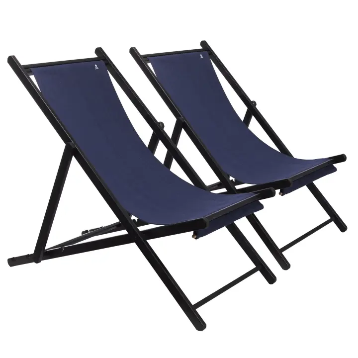 Scalpers Home Set de 2 Hamacas de Madera de Haya Plegable sin Brazos, Wengué Oscuro, Lona Azul Oscuro - 1