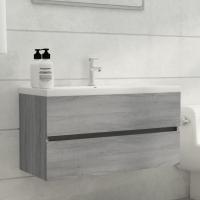 vidaXL Armario para lavabo madera contrachapada 90x38,5x45 cm en color Negro/Blanco brillante/Gris sonoma y más | almacenamiento funcional diseño moderno para baño dormitorio sala - details 2