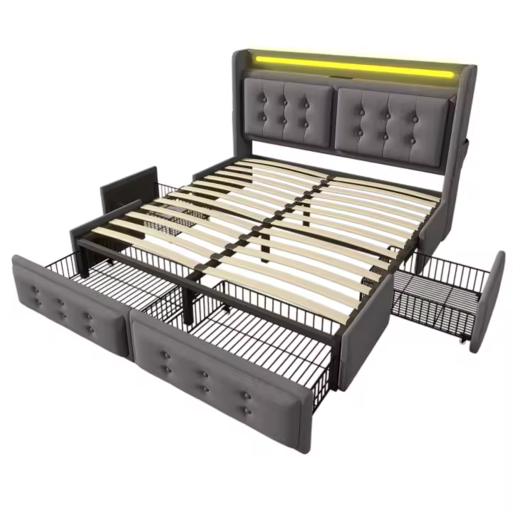 Cama tapizada 180x200, Cama Doble with cabecera LED y Carga USB C, 4 cajón, Cama de almacenamiento with base de listones de madera y Marco metálico, Carga 300 kg, Gris, algodón (sin colchón) - 1