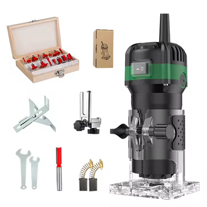 Motor de cobre completo de 800W Fresadora de madera de 6 velocidades Cuerpo de aleación de aluminio y nylon reforzado Ajuste preciso de la profundidad Juego de fresadora y ranuradora para madera con 15 fresas Kit de caja de madera - 1