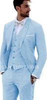 Traje De Linen De Alta Calidad Para Hombre 3 Piezas Beige/Blue Slim Fit Casual Con Chaqueta Chaleco Y Pantalones Cierre Simple Traje De Noche De Cuatro Estaciones - details 2