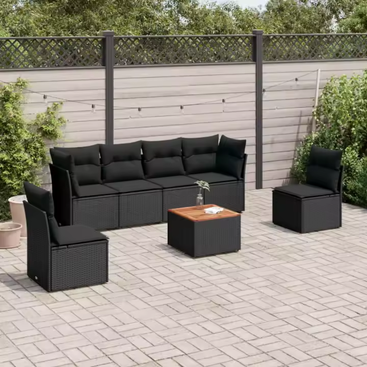 vidaXL Set de comedor de jardín 7 pzas y cojines ratán sintético negro - 1