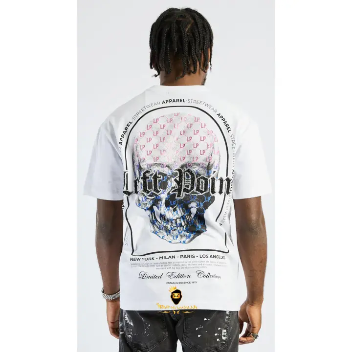 Camiseta Left Point Blanca Pedrería Brillante Calavera Rosa Con Azul - 1