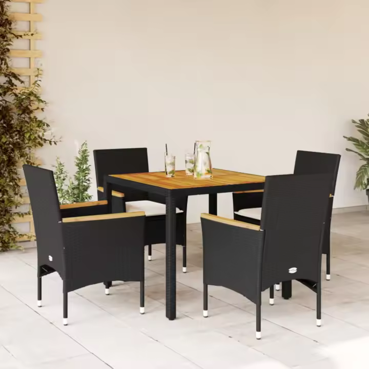 vidaXL Set de comedor jardín 5 pzas con cojines ratán PE acacia negro - 1