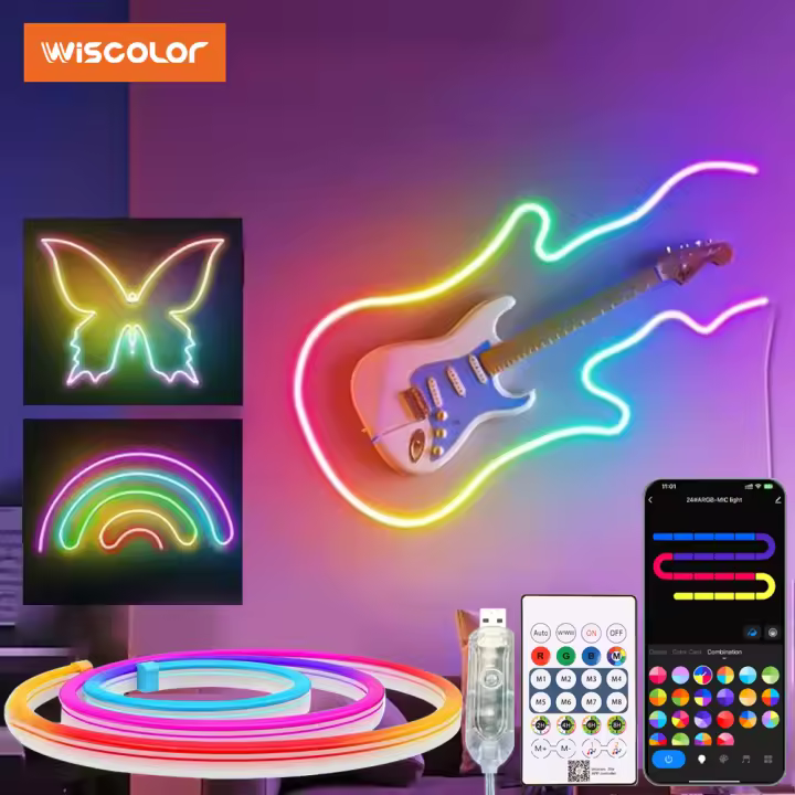 Luces LED Neón Wiscolor 5V USB RGBIC 1M 2M 3M 5M Impermeables Con Control Remoto Y Sincronización Musical Para Decoración De Hogar - 1