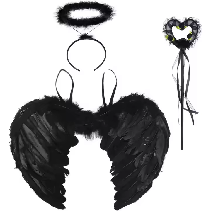 Alas de Ángel Negras, Alas de Ángel de 43cm Ancho 30cm Largo, Alas de Ángel para Disfraz, Alas Decorativas de Ángel, Alas de Plumas, con Alas y Aureola, Disfraz de Alas para Adultos, para Carnaval, Fiestas Temáticas, Halloween - 1