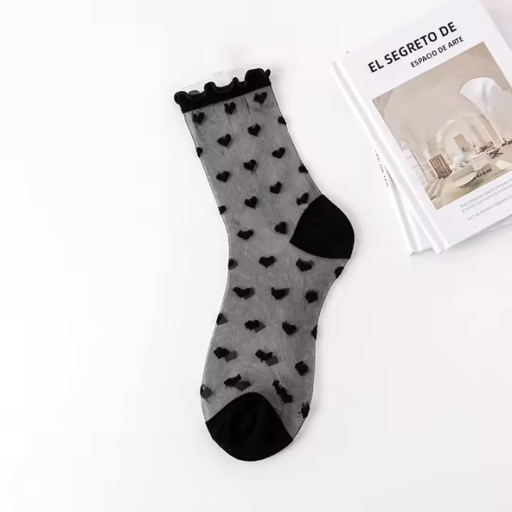 Calcetines De Verano Para Mujer Lolita Con Cristalina Delgada En Vidrio Y Encaje Francés Ruffle Al Final De La Rodilla Con Rayas De Corazón Translúcidos Para Niñas - 1