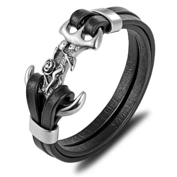 Pulsera Pareja de Esqueletos de Cuero negro y Acero Inoxidable para Hombre y Mujer Piel Auténtica - 1