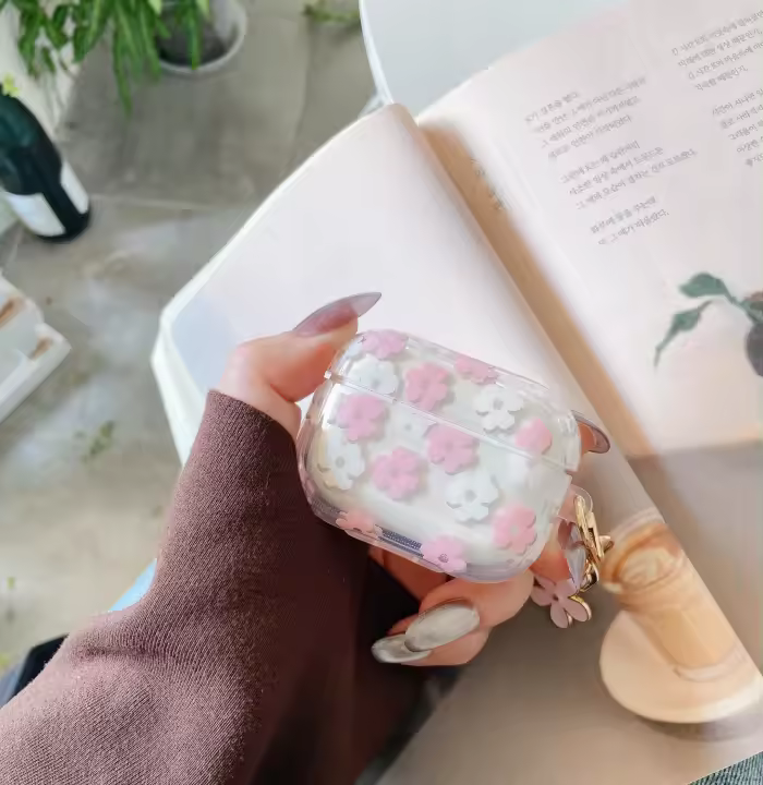 Funda Protectora Transparente Para Airpods 2 3 pro Y pro Max Con Colgante De Flores Rosa Y Morada TPU Suave Compatible Con Auriculares Bluetooth - 1