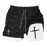 Shorts De Entrenamiento Para Hombre Con Gráfico De Cruz 2 En 1 Running Performance Con Bolsillo Para Teléfono Y Anillo De Toalla Active Wear Polyester - details 8