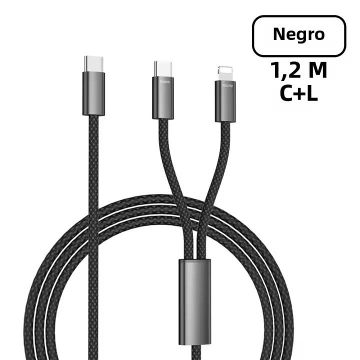 Cable De Carga Rápida 2 En 1 PD 60W USB C a Tipo C Y Lightning Para iPhone15 16 Samsung QC 3.0 Cargador De Móvil Con Corriente Máxima De 5A - 1