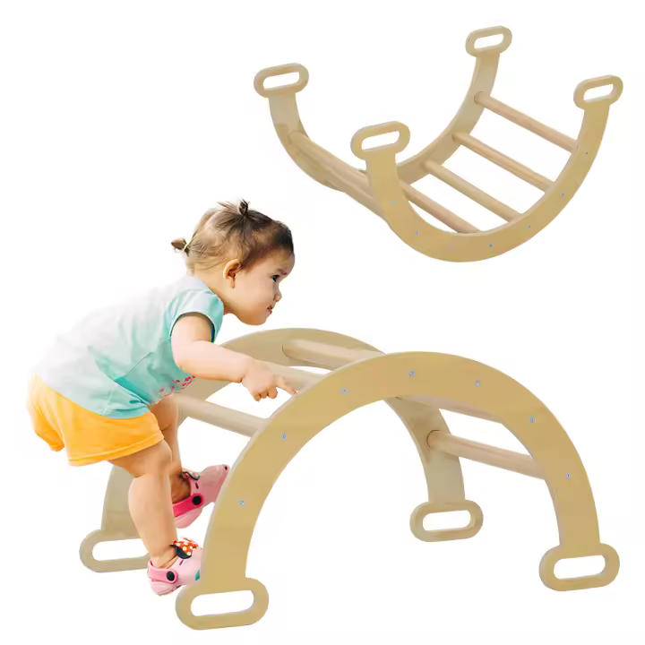 AIYAPLAY Escalada para Niños de Madera 2 en 1 Arco de Escalada para Niños de 18-48 Meses Balancín para Bebés Carga 50 kg 68x42x36 cm Natural - 1