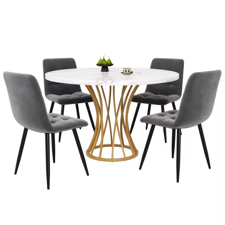 ✨Juego de Comedo 5 Piezas Moderno (1 Mesa Redonda + 4 Sillas) - Mesa de 80cm Ø with Patitas Metálicas Doradas y Surface de Mármol Blanco, Sillas de Terciopelo Gris - 1