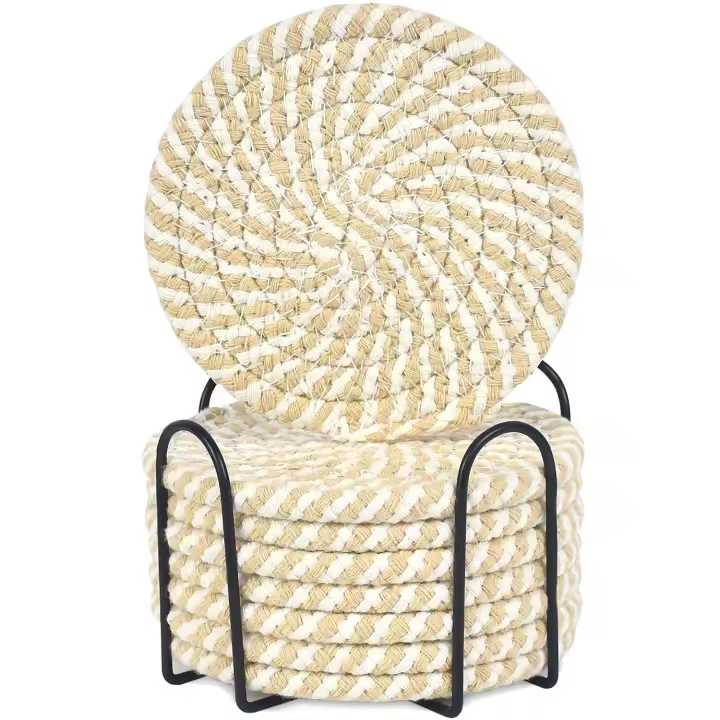 Posavasos para bebidas con soporte, 8 unidades, posavasos absorbentes de tejido de algodón para bebidas, 4 pulgadas, rayas blancas y caqui - 1