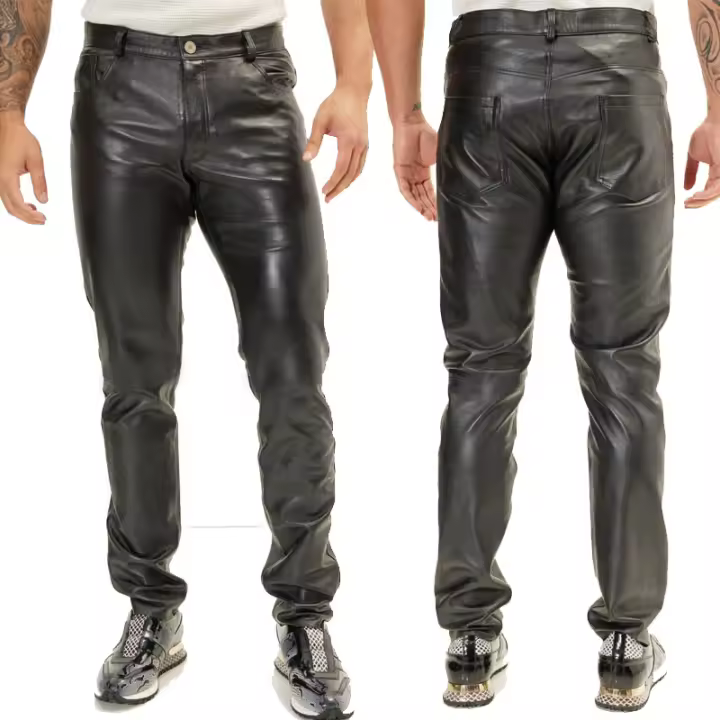 Pantalones Motos Delgados De Cuero Sintético Para Hombre Negro Oro Blanco Primavera Verano Pantalones De Cuero PU Ajustados - 1