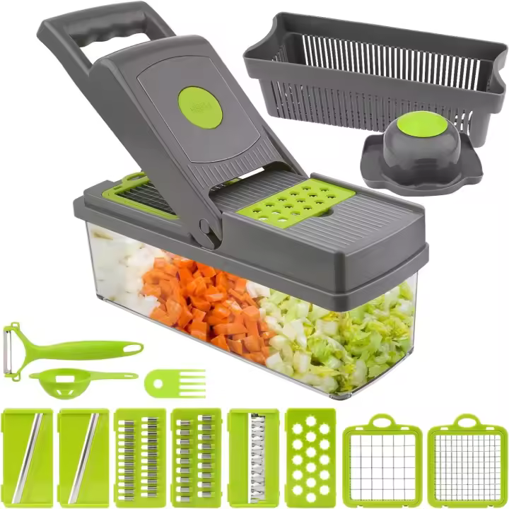 Cortador de verduras , Multifuncional Picador de Verduras con 7 cuchillas ajustables para rebanar, cortar verduras y rallar, con Separador de Huevos, Pelador, - 1