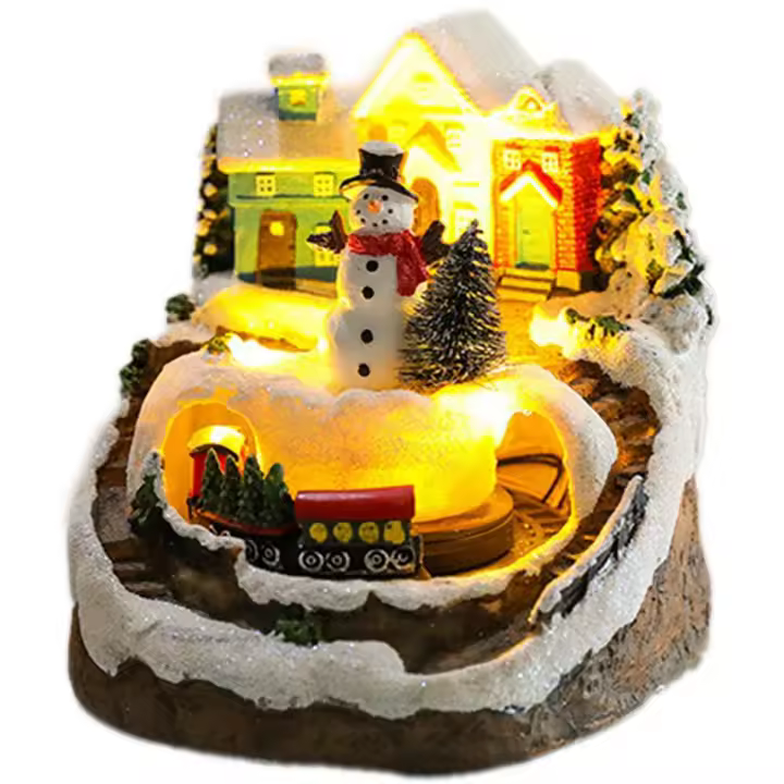 Juegos de casas de pueblo de Navidad, figuritas de exhibición de tren giratorio, luz LED, decoración Musical de vacaciones de Navidad, muñeco de nieve - 1