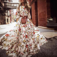 Vestido Elegante De Maxi Estampado Floral Para Mujer A-Línea Cintura Alta Manga Corta Estilo Bohemio Vestido Largo - details 0