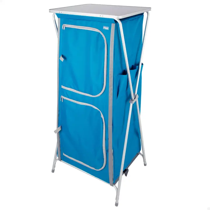 Aktive - Armario de tela plegable, 62x53x140 cm, estantería camping, armario cocina camping, 4 niveles, azul, balda superior, 2 puertas cremallera, tejido poliéster con rejilla, estructura aluminio, bolsa de almacenamiento portátil - 1
