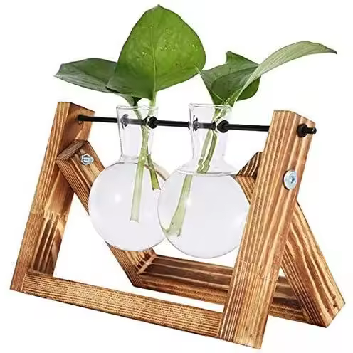 Jarrón de bombilla marrón con soporte de madera, decoración única para plantas hidropónicas, decoración del hogar, interior, elegante y - 1