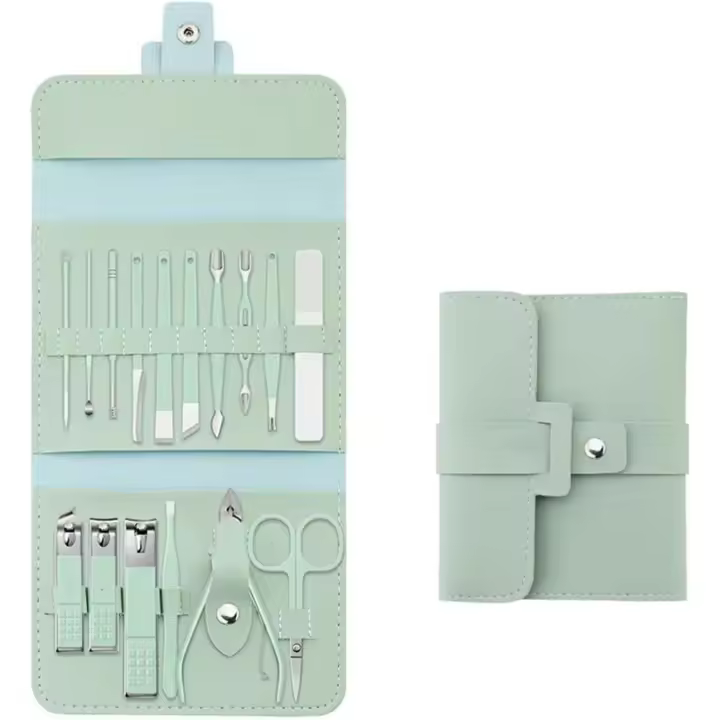 Juego de manicura y pedicura de 16/12 piezas, cortaúñas de acero inoxidable, kit de cuidado profesional, herramientas portátiles para el cuidado de las uñas con lujoso estuche de viaje (verde, A-16 piezas) - 1