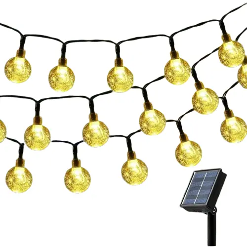 Guirnalda de luces solares LED para jardín, 2,4 m x 12 m, 100 luces, IP65 resistente al agua, ideal para decorar jardines, patios, terrazas, fiestas y bodas. Blanco cálido [Eficiencia energética A] - 1