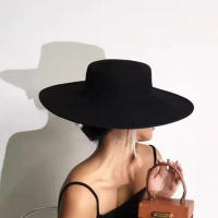 Sombrero De Paja Negra Para Mujer Estilo Clásico Y Moderno Fedora Formal Con Ala Ancha Sombrero Derby Plano Para Iglesia - details 1