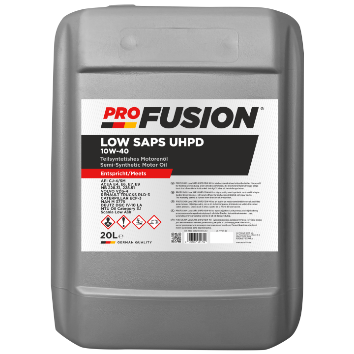 ProFusion 10W-40 20L Low SAPS UHPD Diesel – Aceite de Motor Semisintético para Camiones y Autobuses con Filtro DPF – Tecnología Low SAPS, Servicio Pesado y Intervalos Extendidos – API CJ-4, ACEA E6/E9