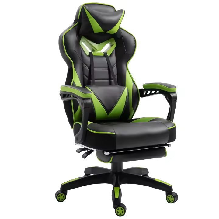 Vinsetto Silla Gaming Ergonómica Silla de Escritorio de Oficina Regulable en Altura Reclinable Respaldo con Reposapiés Reposacabezas Cojín Lumbar Ruedas 65x70x118,5-128,5 cm - 1