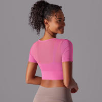 Camiseta de manga corta para Yoga, Top Sexy de Doble Capa, ropa de Malla empalmada, Sujetador Deportivo para correr y Fitness, Color sólido, Mujer - details 13