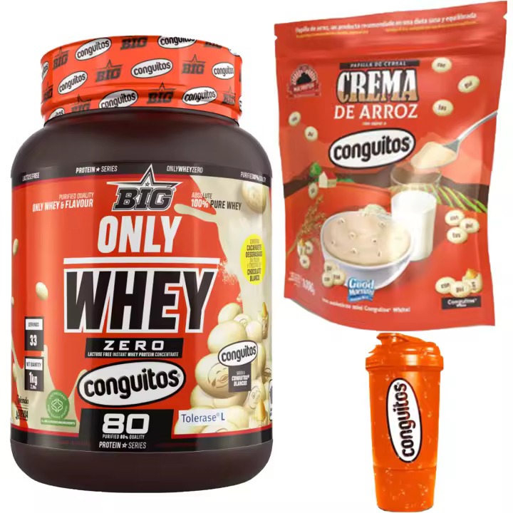 Pack Conguitos white Fitness:1kg Proteína Sin Lactosa ,1kg Crema de Arroz y Shaker 500ml - 1