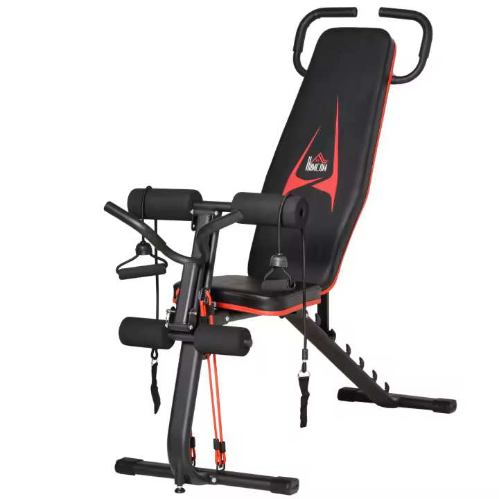 HOMCOM Banco de pesas Banco de entrenamiento ajustable con cuerda elástica Banco de abdominales para entrenar en casa Respaldo de 6 niveles Peso degradado hasta 150 kg Acero Polipiel negro + rojo 145 x 49 x 48-127 cm - 1