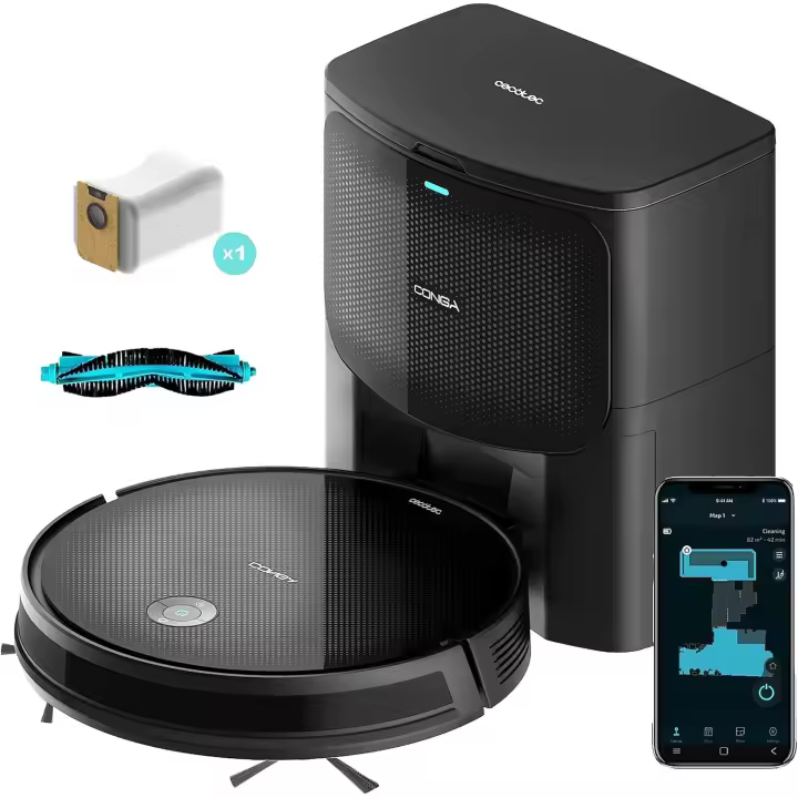 Cecotec Robot Aspirador con Base de Autovaciado Conga 2299 Ultra Home X-Treme T. Tecnología giroscópica, Limpieza Ordenada, Friega, Aspira y Barre, 2100 Pa, App, Cepillo Multifunción, 2 Mopas - 1