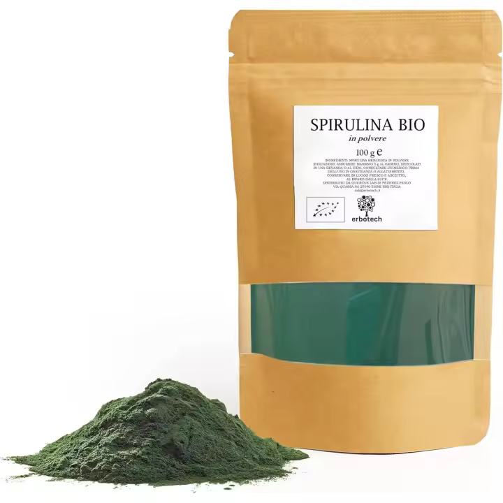 Erbotech, Espirulina Biológica en Polvo, 100g, Suplementos Alimenticio, Alga 100% Pura y Vegana, Rica en Proteínas, Calcio y Vitaminas, Fortalece El Sistema Inmunológico, Hecho en Italia, Bolsa Resellable - 1