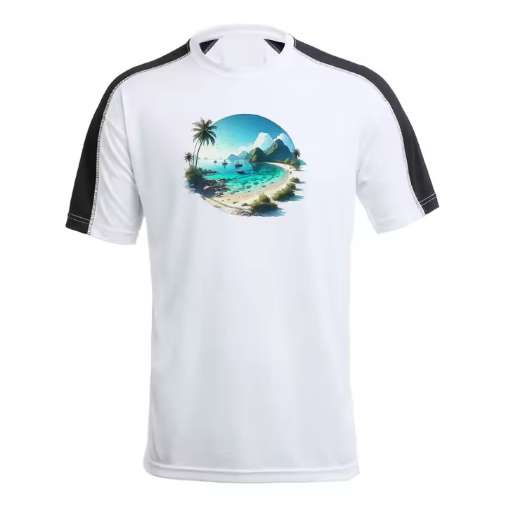 MERCHANDMANIA CAMISETA TÉCNICA FRANJA MANGAS NEGRA playa paradisiaca mar oceano agua arena palmeras tshirt - 1