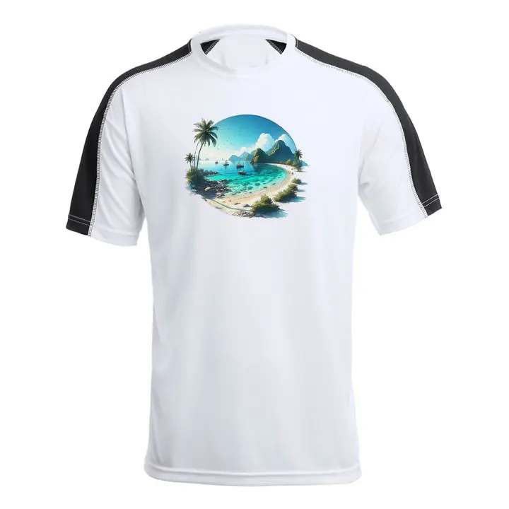 MERCHANDMANIA CAMISETA TÉCNICA FRANJA MANGAS NEGRA playa paradisiaca mar oceano agua arena palmeras tshirt - 1