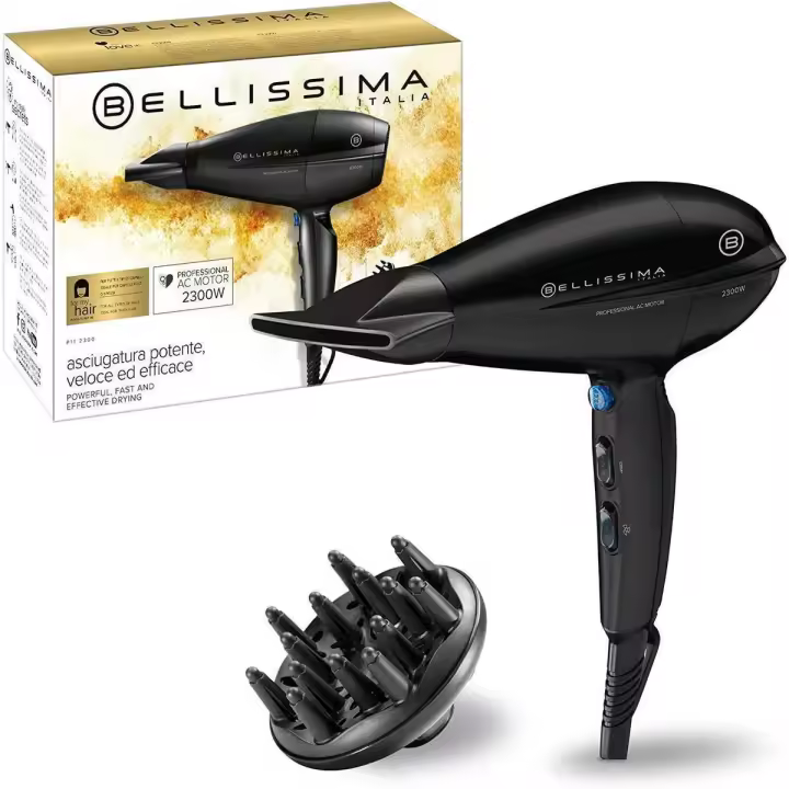Bellissima P11 2300 - Secador de Pelo Profesional, 2300W, Revestimiento de Cerámica y Turmalina, 8 Combinaciones de Aire y Temperatura, Boquilla Estrecha y Difusor Incluido - 1