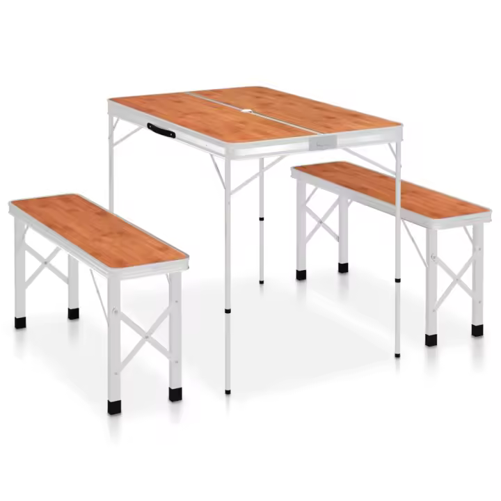 vidaXL Mesa de camping plegable con 2 bancos aluminio marrón - 1