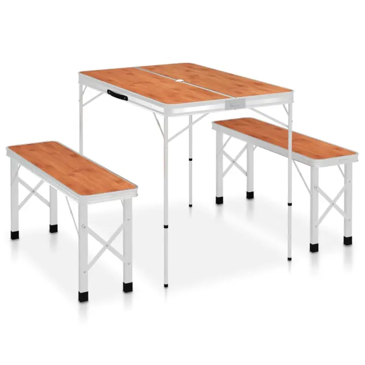 vidaXL Mesa de camping plegable con 2 bancos aluminio marrón - 1
